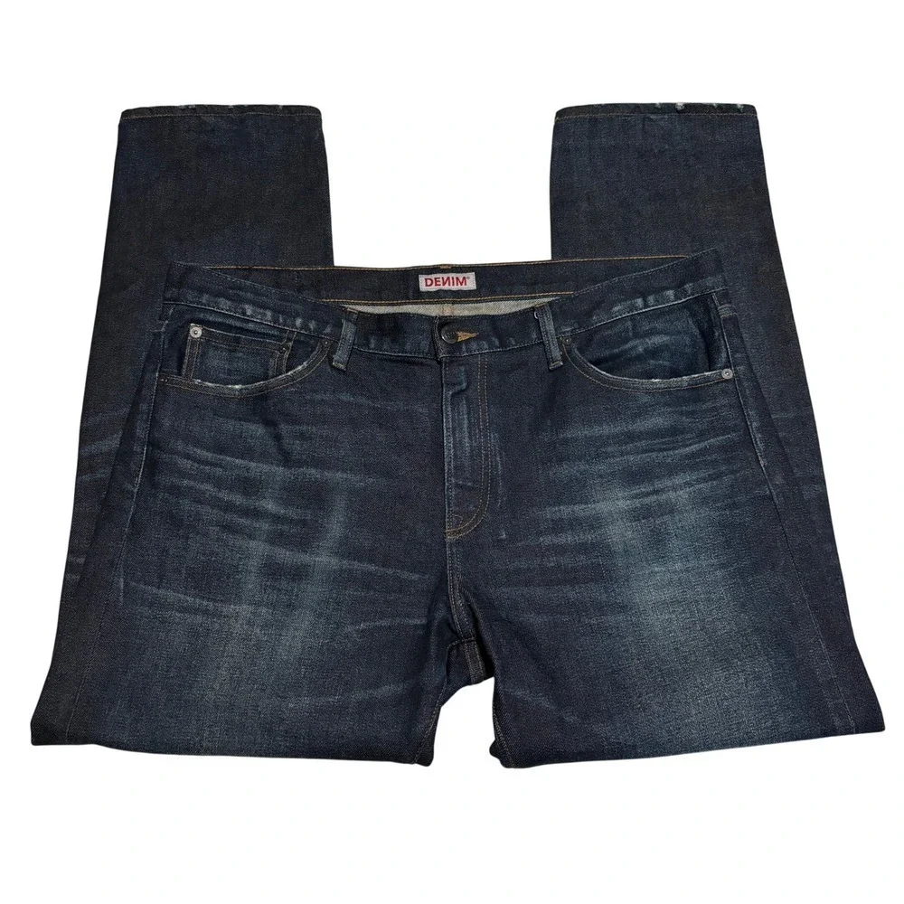 SMN Denim Selvedge Jeans The Hunter Standard Slim Sz 38x28 Dark Wash Distressed